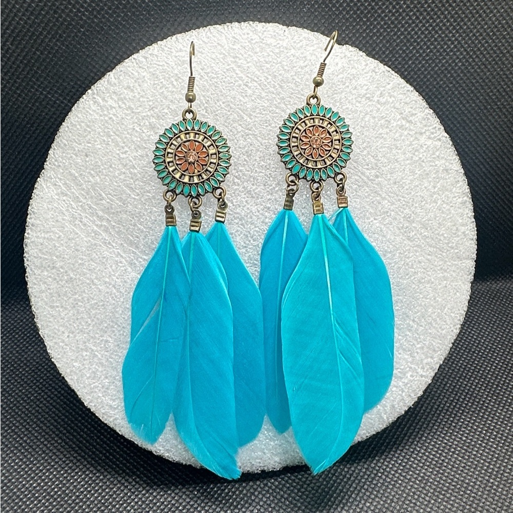 ✨💎 Bohemian Chic Turquoise Feather Dangle Earrings | Festival Statement Jewelry🩵 - Picture 16 of 16